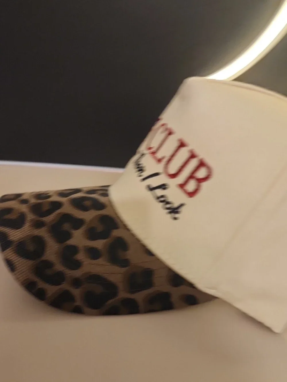 Cream and Leopard Print Baseball Cap with Embroidered Slogan